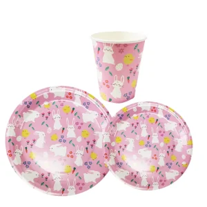 24Pcs Pink Easter Rabbit Printed Tableware Set Paper Plates Hot Beverage Cups Festive Party Decoration Supplies Unit Tool