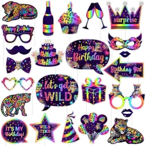 24pcs Rainbow Cheetah Jungle Safari Photo Booth Props Cheetah Birthday Neon Rainbow Leopard Forest Birthday Decoration