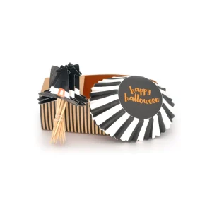 24pcs Reusable Halloween Cupcake Decorating Kit Witch Hat Toppers Happy Halloween Stripe Wrappers for Party Desserts