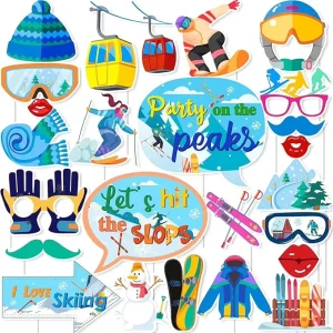 24pcs Ski Photo Booth Prop Ski Themed Party Decorations Snow Skiing Birthday Decoration Skier Lover Winter Sports Decorations