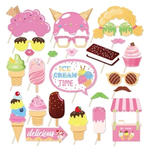 25 PCS Ice Cream Photo Booth Props with Sticks Summer Party Selfie Props Kit for Kids Girls Birthday Party Supplies