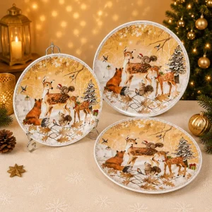 25.5cm Diameter Ceramic Plate Christmas Autumn Deer Dish Holiday Tableware for Home Party Gift Flat Dessert Plate