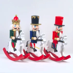 25cm Handmade Wood Art Deco Rocking Horse Nutcracker Soldier for Graduation and Christmas Home Decor