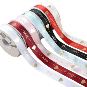 25mm Hot Stamping Ribbon, Heart & Letter Printed Premium Ribbon, Floral Bouquet Ribbon, Baking & Gift Wrapping Decoration