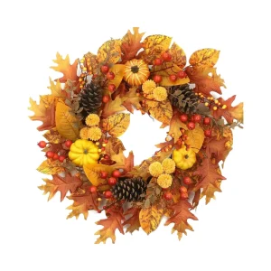 26 Inch Thanksgiving Graduation Autumn Wreath Maple Leaves Pine Cones Pumpkins Berries Eco-friendly Silk Plastic