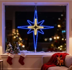 28″ LED Christmas Star Hanging Lights Plug Operated Soft Warm White Waterproof Easy Install Portable for Indoor Outdoor Use