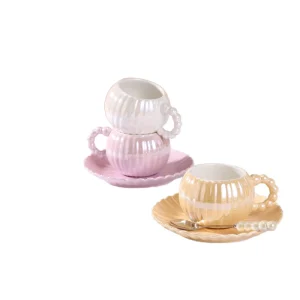 280ml Pearl Glaze Ceramic Coffee Cup Saucer Set Nordic Style Eco Friendly for Office Afternoon Tea Usage