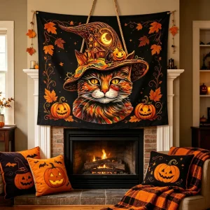 2D Halloween Cat in a Hat Wooden Door Hanger Sign Handmade Durable Indoor Use Wall Decor for Front Door