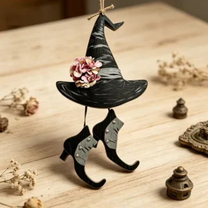 2D Halloween Witch Hanging Door Decoration Hocus Pocus Hat Shoe Sign Wreath Wooden Ornament Suitable for Walls and Outdoors