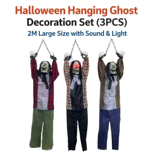 2M Halloween Hanging Ghost Decoration 3PCS with Sound & LED Light Large Size Hanging Skeleton for Haunted House Party Decor