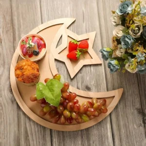 2PCS Ramadan Eid Mubarak Party Wooden Moon Star Tableware Tray Wooden Moon Star Muslim Festival Craft Tray Decor Festival Plate
