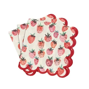2Ply Disposable Paper Napkins Strawberry Print Scalloped Edge Cocktail Napkins for Summer Fruit Themed Party