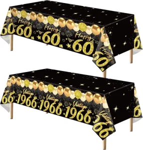 2pcs 60th Birthday Tablecloth Black Gold 60th Birthday Decorations for Men Women Vintage Table Cloth Party Supplies