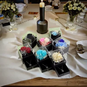 2pcs Real Rose Acrylic Jewelry Box Square Eternal Flower LED Necklaces Accessories Gifts for Mother’s Day Valentine’s Natural