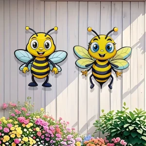 2pcs Stainless Steel Bee Sculpture Outdoor Wall Decor Cute Garden Bees Detailed Wings Antennae Durable Custom Size Easy Hang