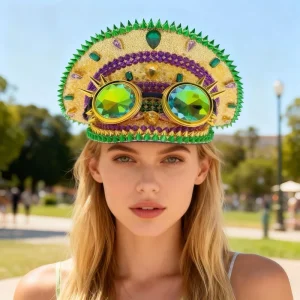 3 MOQ Mardi Gras Burning Man Sequin Hat Rhinestone Spiked Goggles Steampunk Festival Party Costume Caps for Adults