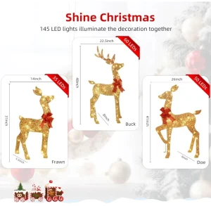 3 Piece Waterproof 2D Lighted Christmas Deer Family Set Large Outdoor Yard Reindeer Holiday Decoration with 145 LED Lights