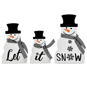 3 Piece Wooden Snowman Tiered Tray Centerpiece White & Black Winter Art Deco Themed Decor Tabletop for Wedding Christmas Parties