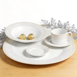30 Piece Round Porcelain Dinner Set with Silver Gold Edge Classic Design Party Dinnerware