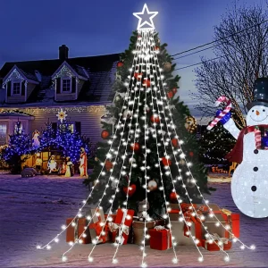 320 LED Christmas Star Waterfall Tree Lights with Topper Star 8 Modes Indoor Outdoor Holiday Decor