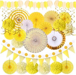 35 Pieces Carnival Paper Fan Party Decoration Mayo Pompoms Pennant Garland Rope Banner Swirly Decoration Supplies
