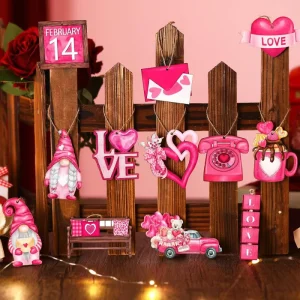 36 Valentine’s Day Decorative Trees Dwarf Wooden Ornaments Truck Shaped Heart Shaped Holiday Pink Hanging Ornaments