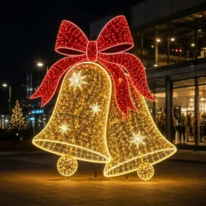 3D Double Bell Motif Light Gold LED 10tf Warm White 3500K IP65 Waterproof Outdoor Commercial Mall Christmas Decor CE