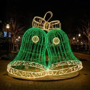 3D Double Bell Motif Light Yellow Red Green 10ft LED 3000K Warm White IP65 Waterproof City Square Holiday Decor CE Approved