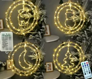 3D Hanging Christmas Tree Moon Elk Snowflakes Lights Battery Powered 8 Mode for Xmas Holidays Windows Home Bedroom Decoration