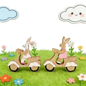 3D Hollowed Wooden Bunny Riding Bicycle Ornament UV Printed Eco Friendly Craft for Easter Holiday Home Decoration