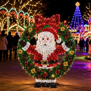 3D LED Santa Claus Motif Light in Large Wreath Outdoor Waterproof Commercial Mall Holiday Decoration CE RoHS Custom