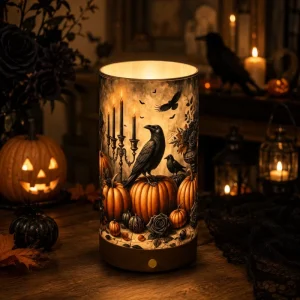 3D Printed Lampshade Eco PLA LED Wooden Base Night Light Halloween Crow and Pumpkin Custom Pattern with Remote & Vase Function