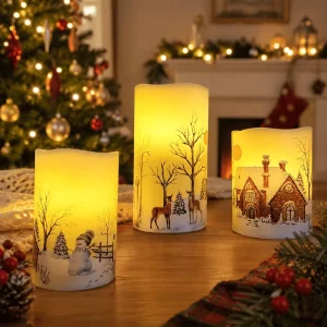 3PCS Christmas Element Printed Paraffin Wax Flameless LED Pillar Candle Set Cozy Decor Holiday Ambient Lighting with Remote