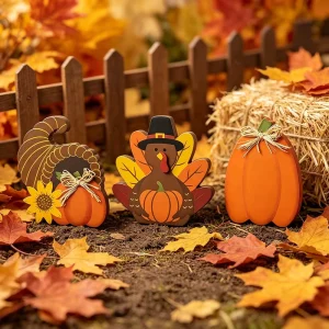 3PCS Fall Thanksgiving Wood Decor Cornucopia Turkey W pumpkin Plain Pumpkin for Parties Weddings Reunions Table