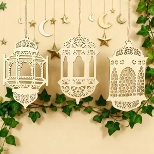 3PCS Wooden Hollow out Lantern Banners for Ramadan Eid Traditional Symbols for Celebrations Home Decor Religious Spaces