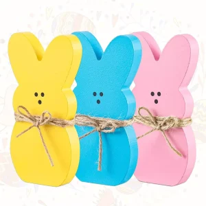 3Pcs Easter Decorations Spring Wood Decor 3Pcs Wood Bunny Peeps Easter Tiered Tray Decor for the Home