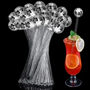 3cm Silver Disco Ball Cocktail Sticks Sparkling Plastic & Glass Reusable Drink Stirrers for Weddings Birthdays Parties