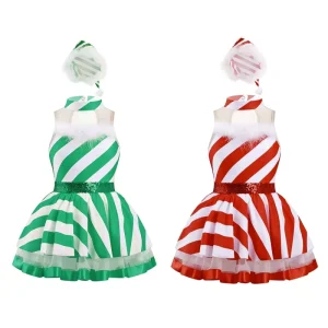 4-16 Kids Girls Christmas Set Tutu Leotard Tutu Dress with Hat for Holiday Festival Party Dancewear Ballet Costume Stage