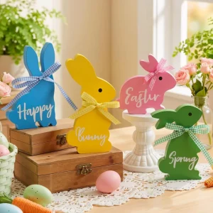 4 Pcs Bunny Spring Easter Decorations Wood Rabbit Easter Decorations Sign Easter Ornaments Craft Wooden Rabbit with Flowers
