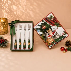 4 Piece Gift Box Christmas Stainless Steel Dessert & Coffee Fork Set Cute Christmas Cat Eco Friendly Tableware