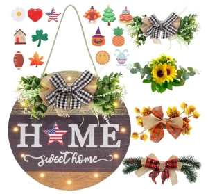 4 Seasonal Welcome Sign Front Door Rustic Round Outdoor Farmhouse Wood Wreaths Wall Hanging Decoration Wooden Home Decor