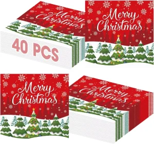 40 Pcs 13 Inch 3 Ply Birthday Party Bulk Red Disposable Christmas Napkin Table Decorations with Tree & Snowflake Design