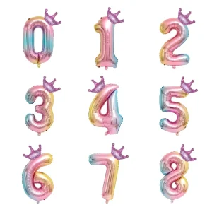 40 inch Gradient Crown Number Balloons Kids Birthday Decorative Digital Crown Foil Balloons
