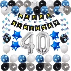 40th Birthday Decorations for Men Boy Blue Black Birthday Party Supplies with 40 Silver Number Balloon Happy Birthday Banner