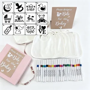 46 Pcs Baby Shower Games White Bibs Design, Include 10 DIY Blank White Bibs, Markers Stencils Party Decorating Supplies