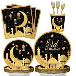 48 Pcs Serves 8 Guest Eid Mubarak Disposable Paper Plate Napkin Cup Fork Tableware Set for Muslim Islamic Party Supplies