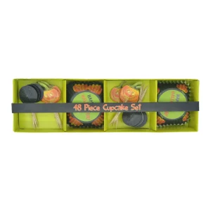 48 Piece Halloween Cupcake Set “Happy Halloween” Pumpkin Liners with Toppers for Party Favors