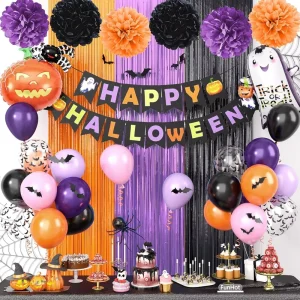 48Pcs Halloween Party Balloon Set Pumpkin Ghost Foil Balloons With Halloween Banner Paper Pom poms Scene Decoration
