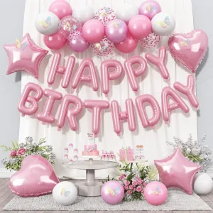 49 Pcs Pink Happy Birthday Balloon Banner Foil Balloons for Women Girls Baby Shower Party Decorations
