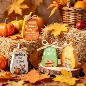 4PCS Wooden Fall Pumpkin Centerpiece with Fall Slogans Raffia Bows for Thanksgiving Parties Harvest Dinners Seasonal Decor